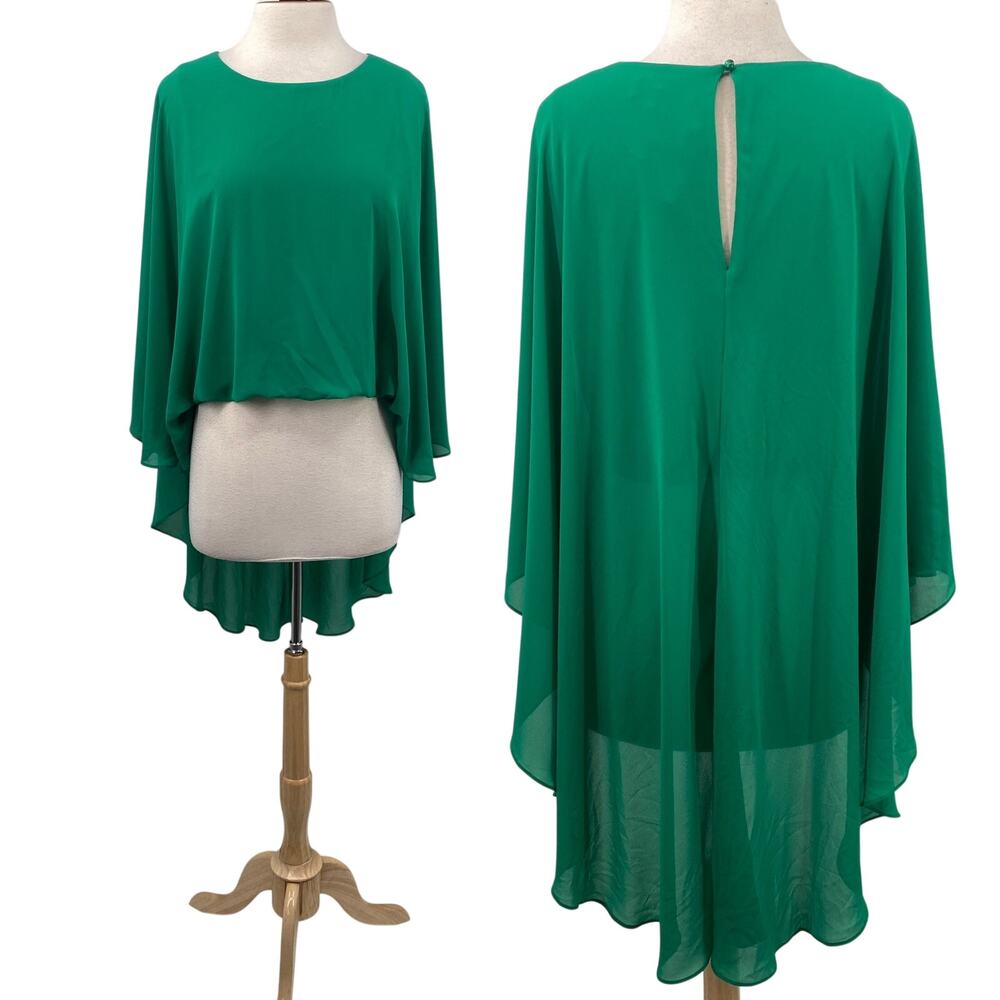 Belle Badgley Mischka Cape Blouse High Low Draped Chiffon Green NEW Womens